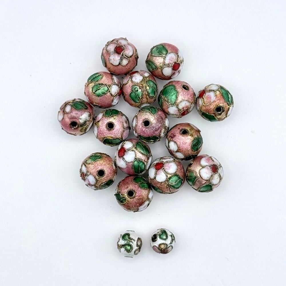Lot of 7 Vintage Cloisonné Beads Green Pink Enamel Gold Tone Jewelry Making